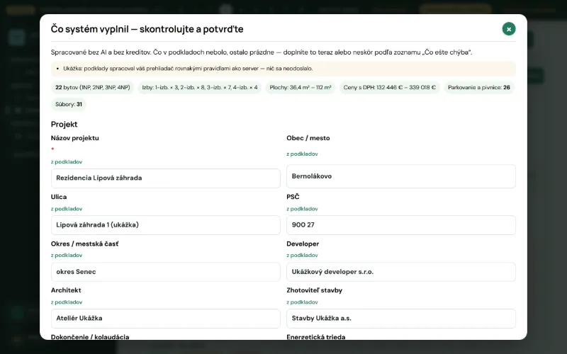 Kontrola údajov projektu, ktoré systém vyplnil z podkladov